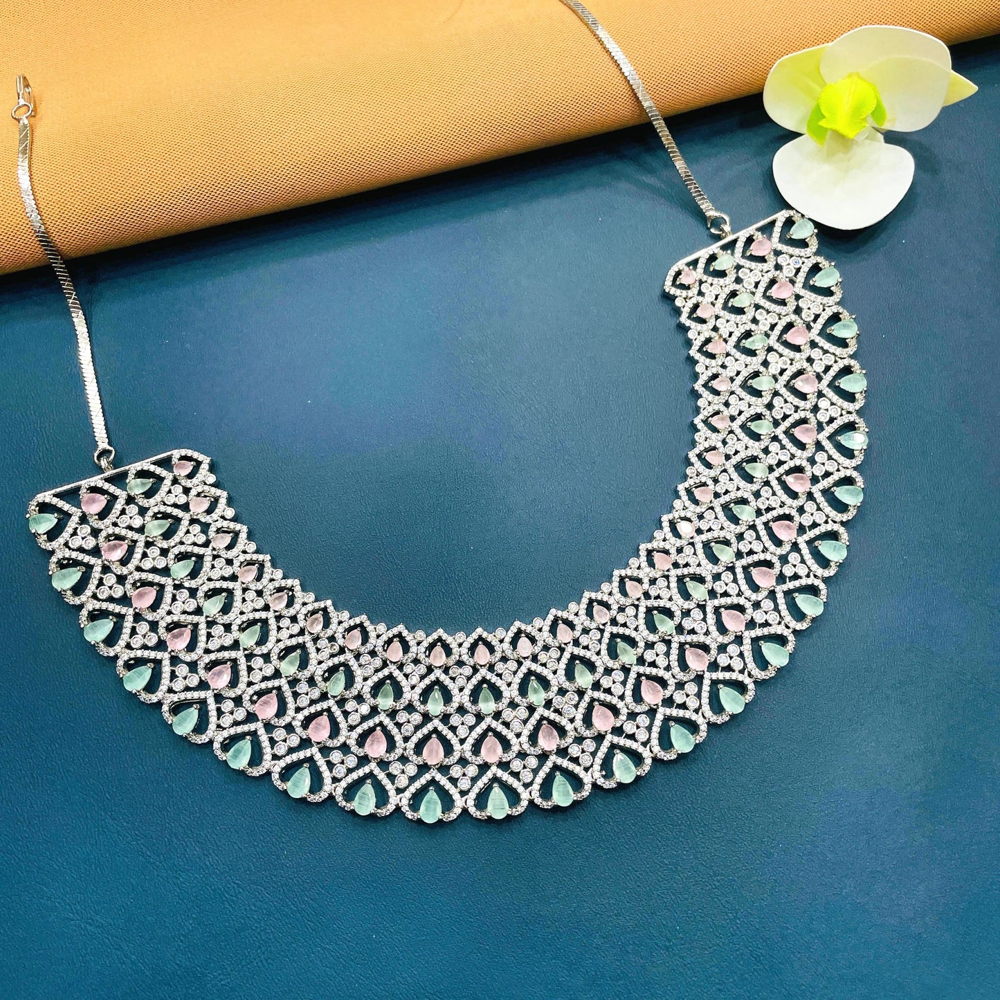 SILVER AD DIAMOND SET PINK&PISTA