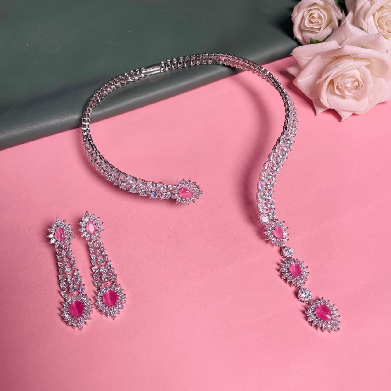 SILVER AD DIAMOND SET LIGHT PINK